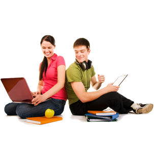 two students using laptops